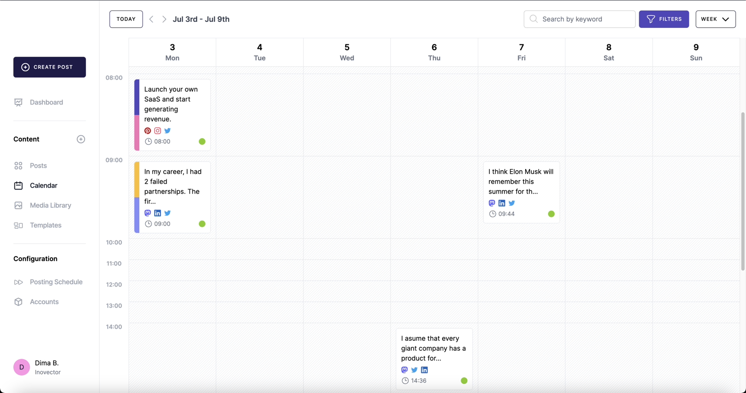 Snapshot of the 'Weekly Calendar' view in Mixpost, an open-source scheduling tool, showing a detailed weekly agenda for social media post timing.