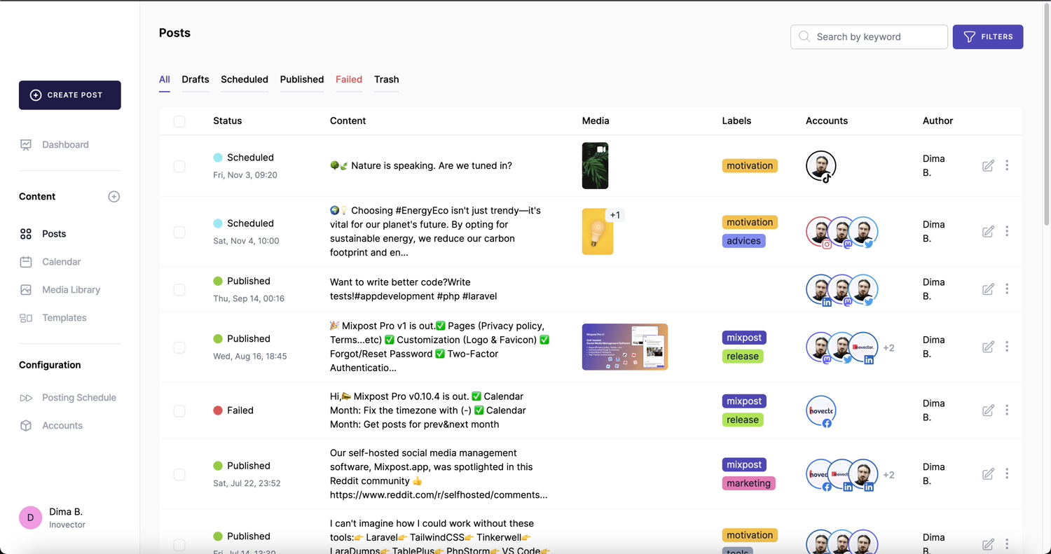 Image of the 'Posts' management screen in Mixpost, a self-hosted social media dashboard, where users can review and manage their published and scheduled content.