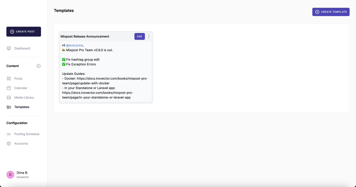 Screenshot of the 'Templates' section in Mixpost, demonstrating how users can utilize and customize pre-designed templates in this self-hosted social media tool.